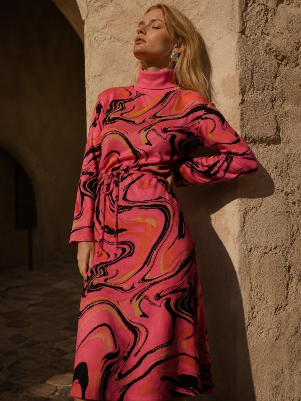 Zara Belted Jacquard Knit Sweater Midi Dress Pink Sz Small NWT - Picture 3 of 16